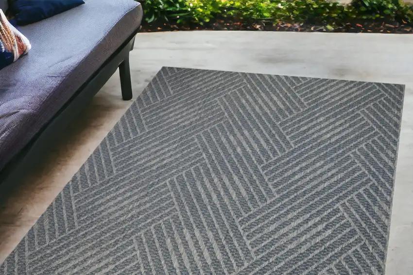 Gray and Blue Geometric Stain Resistant Indoor Outdoor Area Rug Photo 1