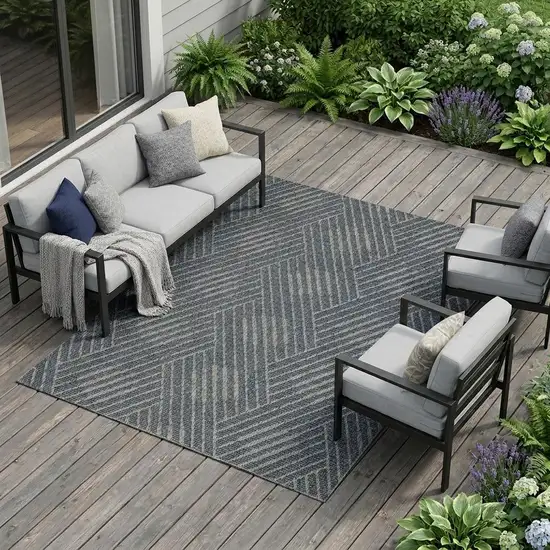 Gray and Blue Geometric Stain Resistant Indoor Outdoor Area Rug Photo 1
