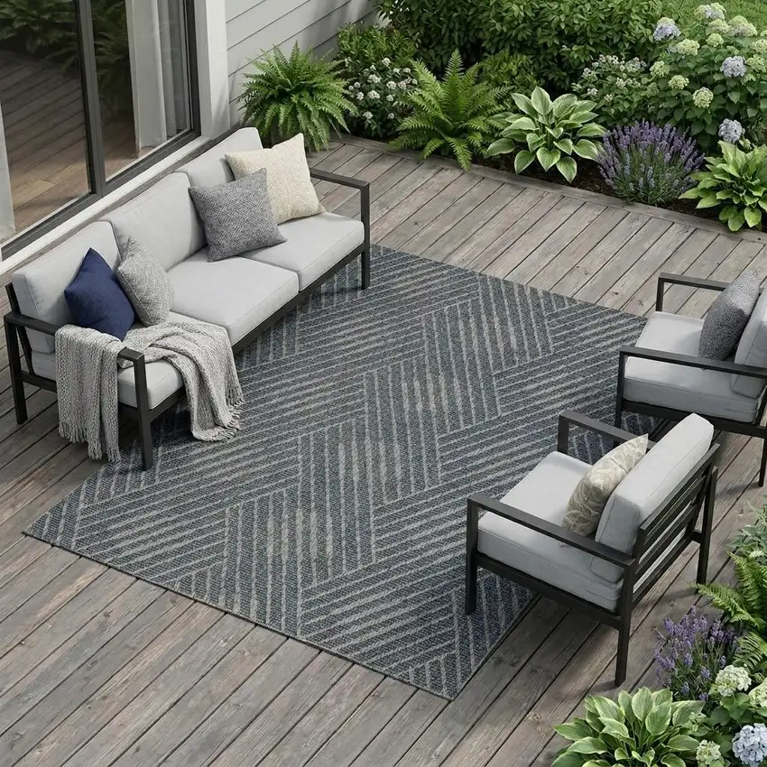 Gray and Blue Geometric Stain Resistant Indoor Outdoor Area Rug Photo 1