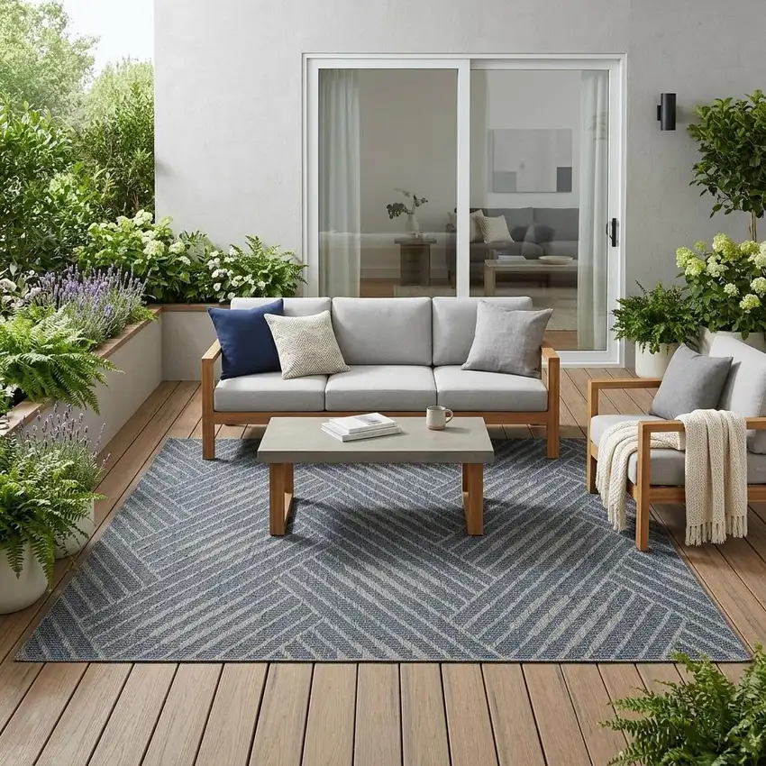 Gray and Blue Geometric Stain Resistant Indoor Outdoor Area Rug Photo 1
