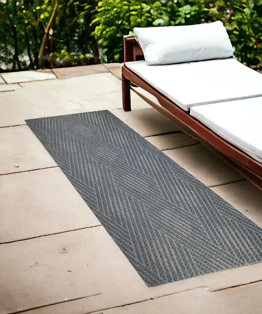 Gray and Blue Geometric Stain Resistant Indoor Outdoor Runner Rug Photo 1