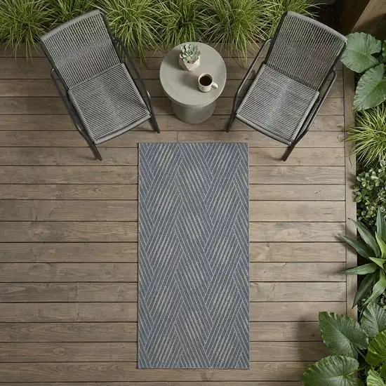 Gray and Blue Geometric Stain Resistant Indoor Outdoor Runner Rug Photo 1