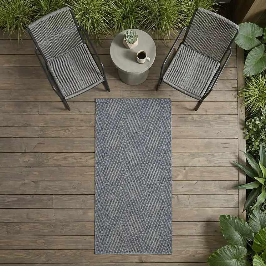 Gray and Blue Geometric Stain Resistant Indoor Outdoor Runner Rug Photo 1
