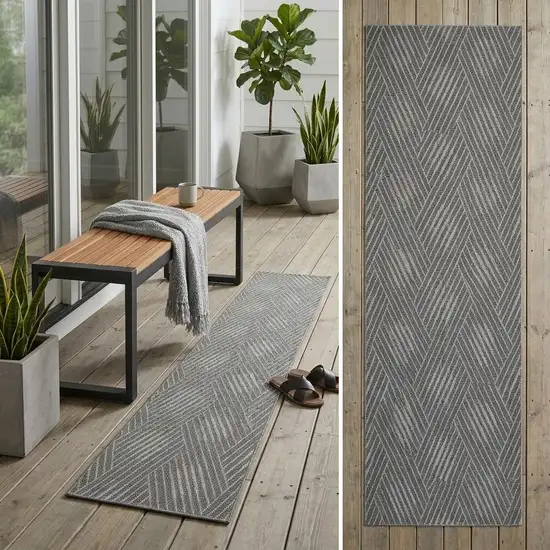 Gray and Blue Geometric Stain Resistant Indoor Outdoor Runner Rug Photo 1