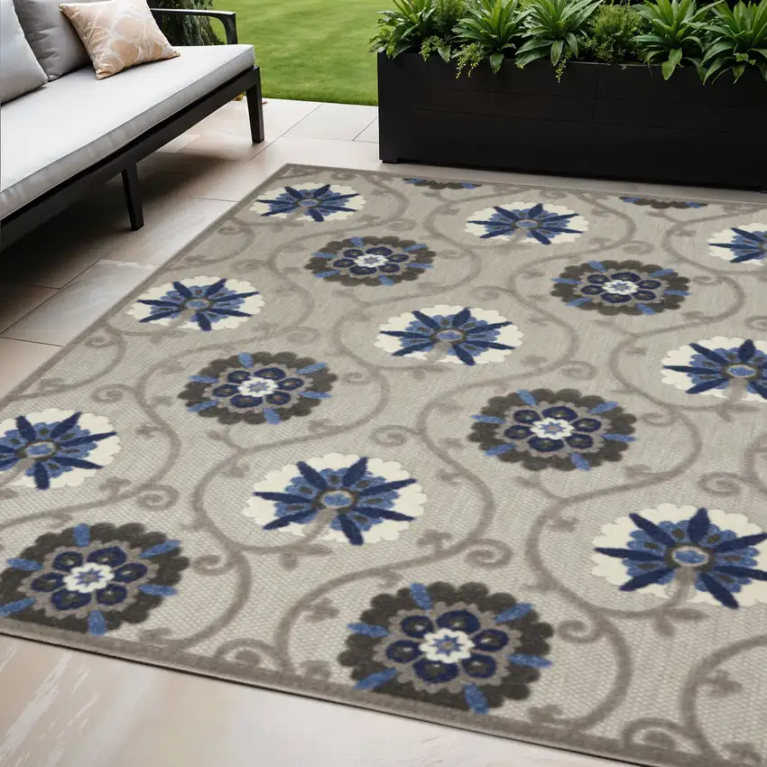 Blue And Gray Floral Indoor Outdoor Area Rug Photo 2