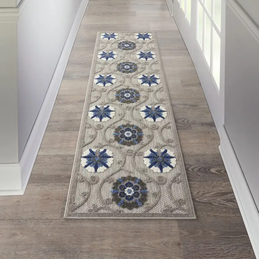 Gray and Blue Indoor Outdoor Runner Rug Photo 5
