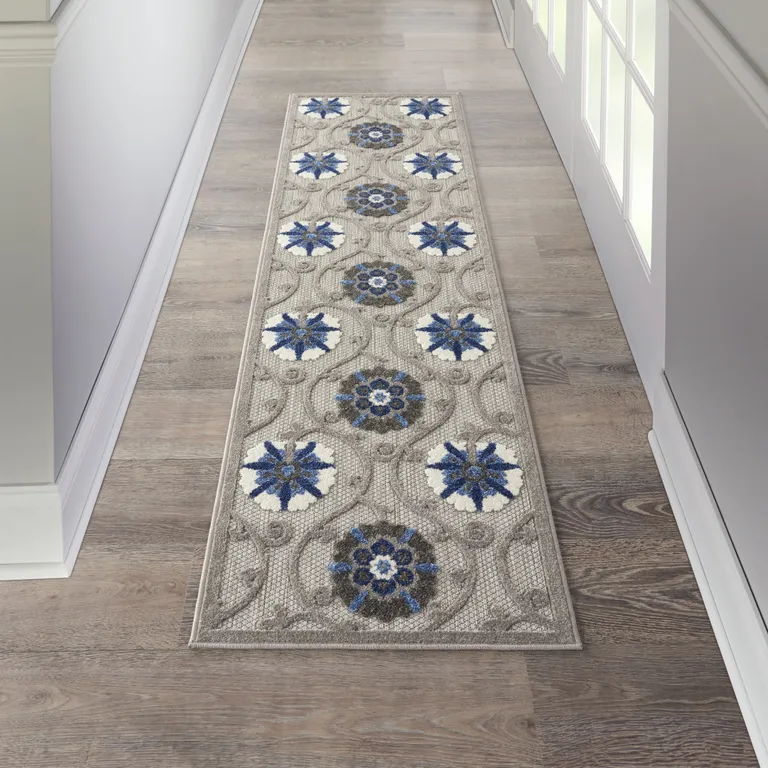 Gray and Blue Indoor Outdoor Runner Rug Photo 2