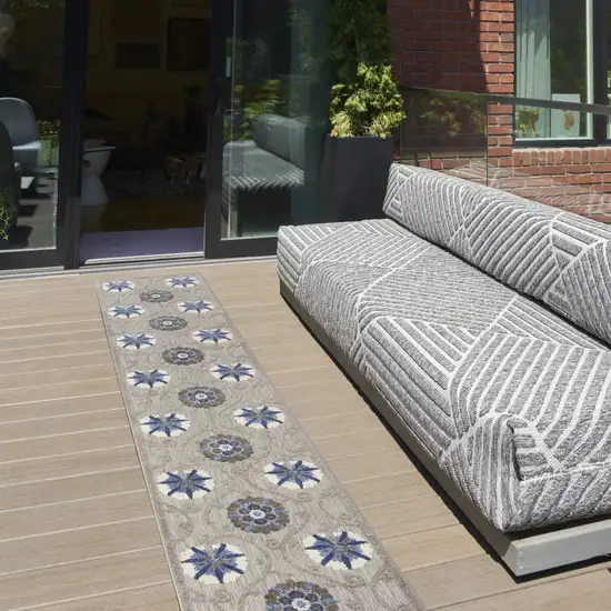 12' Blue And Gray Indoor Outdoor Runner Rug Photo 6