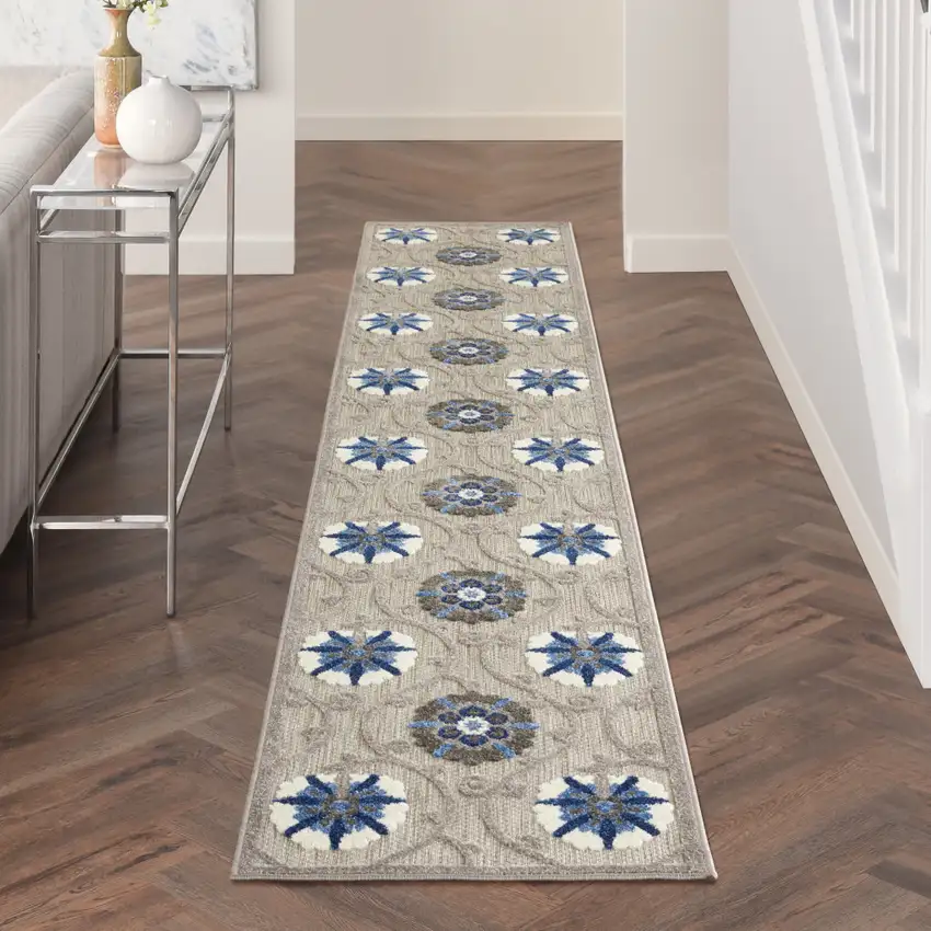 12' Blue And Gray Indoor Outdoor Runner Rug Photo 5