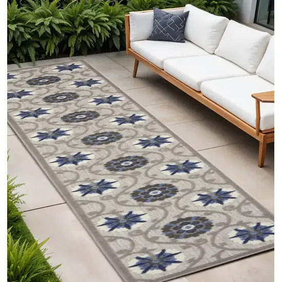 12' Blue And Gray Indoor Outdoor Runner Rug Photo 2