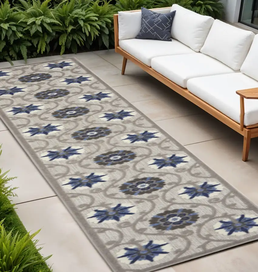 12' Blue And Gray Indoor Outdoor Runner Rug Photo 2