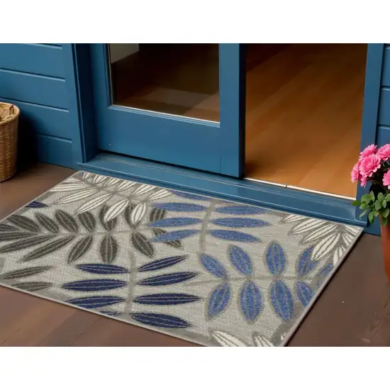 Blue And Gray Floral Indoor Outdoor Area Rug Photo 2