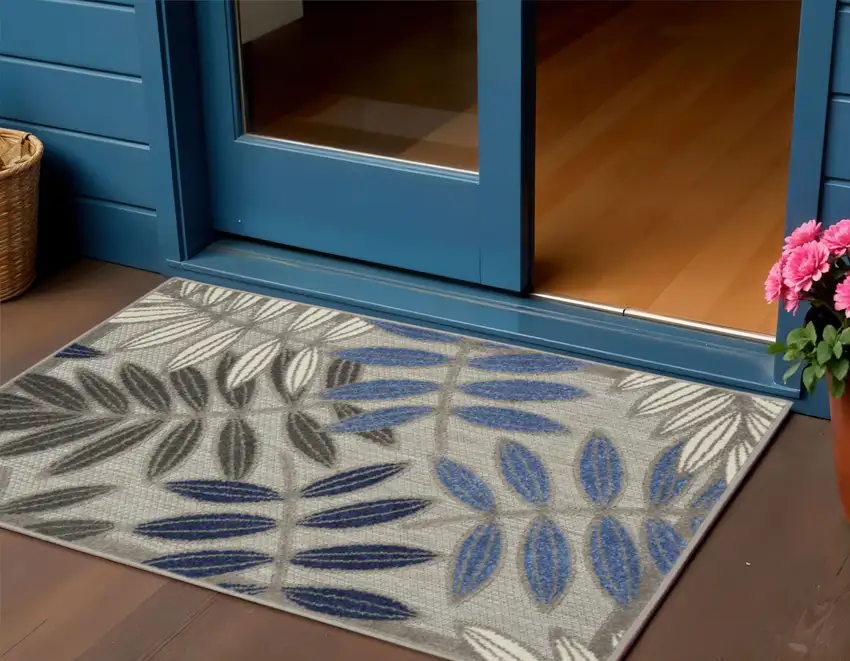 Blue And Gray Floral Indoor Outdoor Area Rug Photo 2