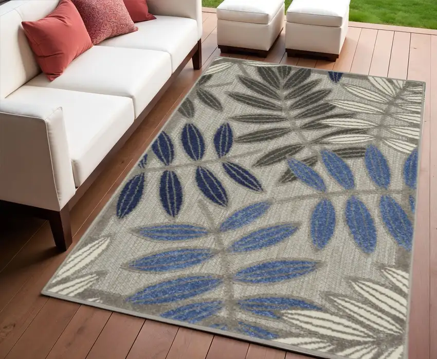 Blue And Gray Floral Indoor Outdoor Area Rug Photo 2