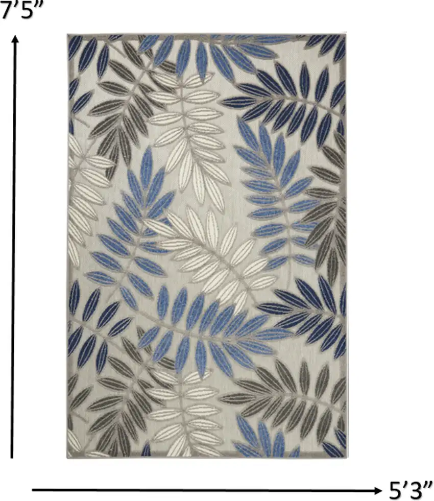 Gray and Blue Leaves Indoor Outdoor Area Rug Photo 4