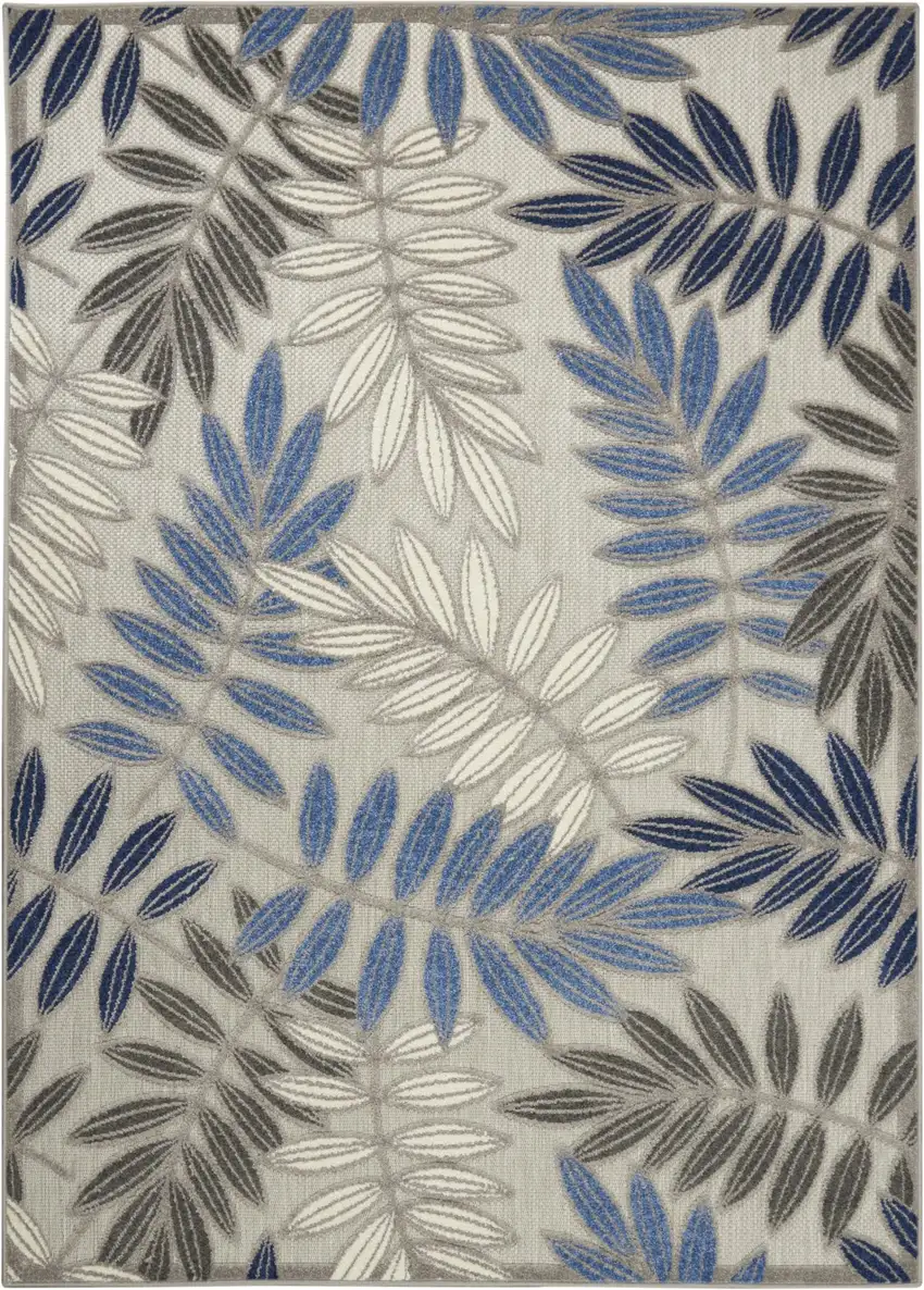 Gray and Blue Leaves Indoor Outdoor Area Rug Photo 1