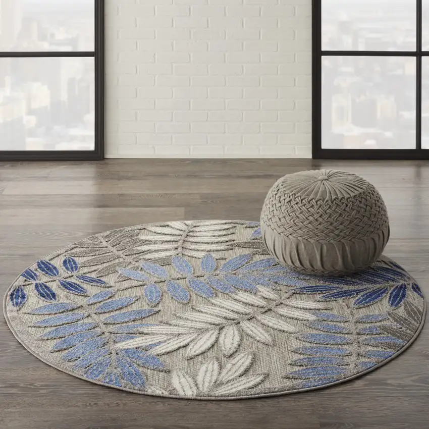 Blue And Gray Round Floral Indoor Outdoor Area Rug Photo 9