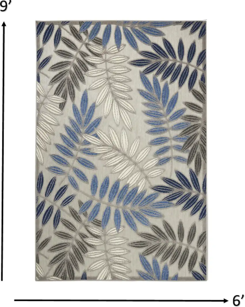 Gray and Blue Leaves Indoor Outdoor Area Rug Photo 4