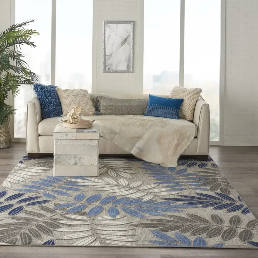 Blue And Gray Round Floral Stain Resistant Indoor Outdoor Area Rug Photo 7