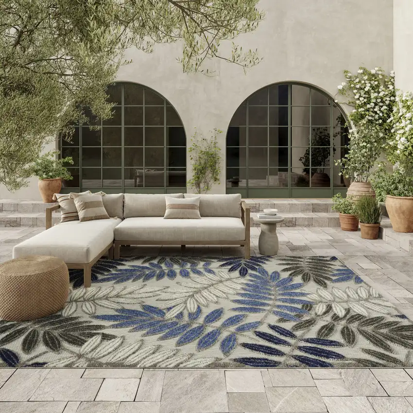 Blue And Gray Round Floral Indoor Outdoor Area Rug Photo 5