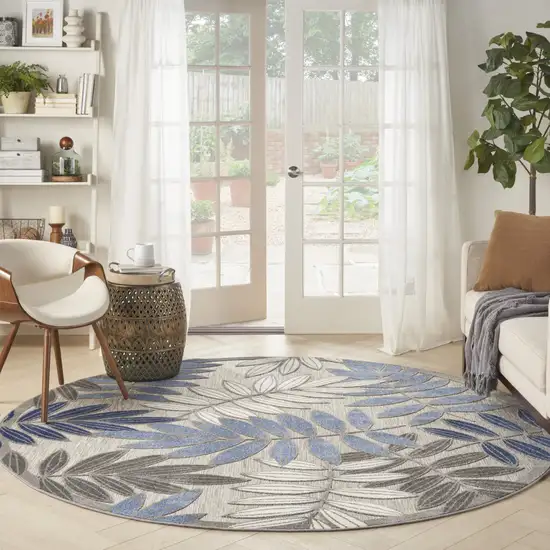 Blue And Gray Round Floral Indoor Outdoor Area Rug Photo 9