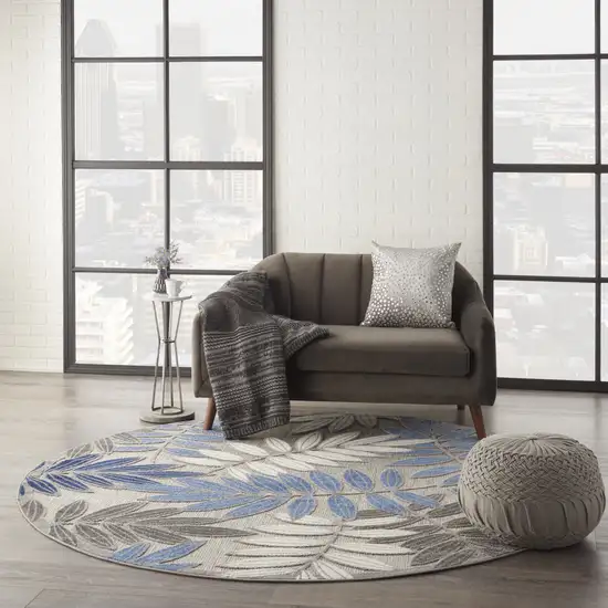 Blue And Gray Round Floral Indoor Outdoor Area Rug Photo 8