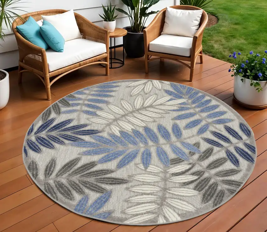 8' Blue And Gray Round Floral Indoor Outdoor Area Rug Photo 2