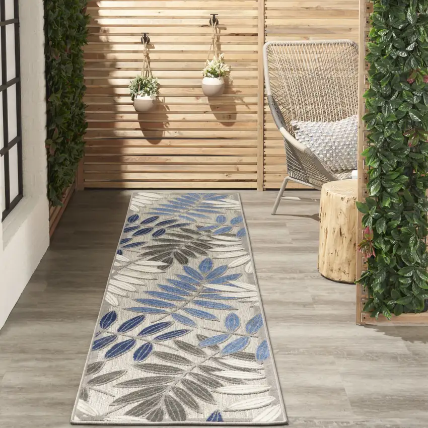 10' Blue And Gray Floral Indoor Outdoor Area Rug Photo 5