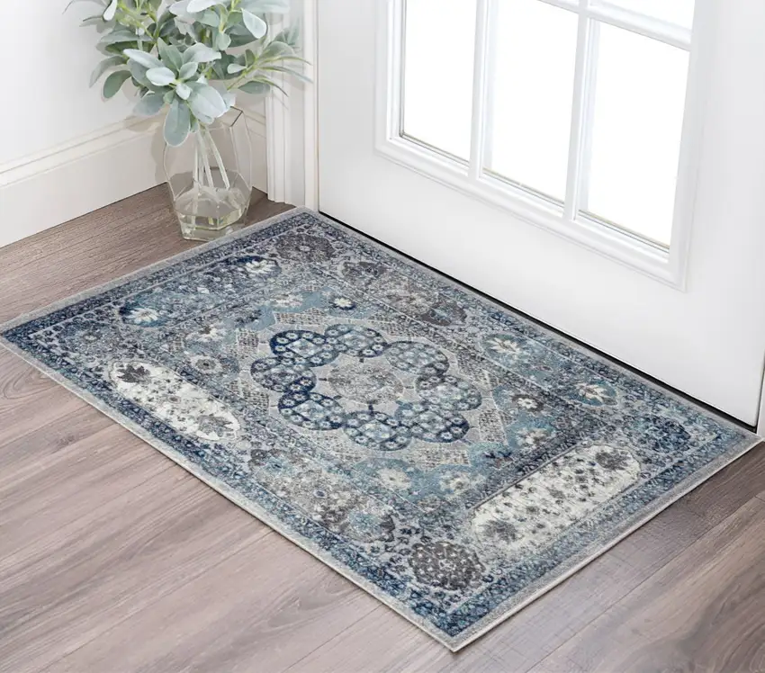 Gray and Blue Medallion Power Loom Area Rug Photo 1