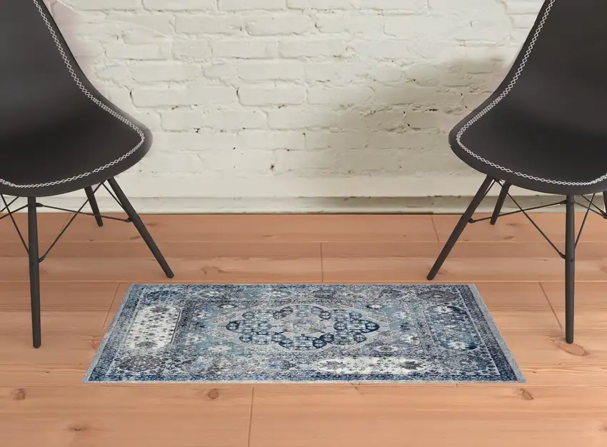Gray and Blue Medallion Power Loom Area Rug Photo 3