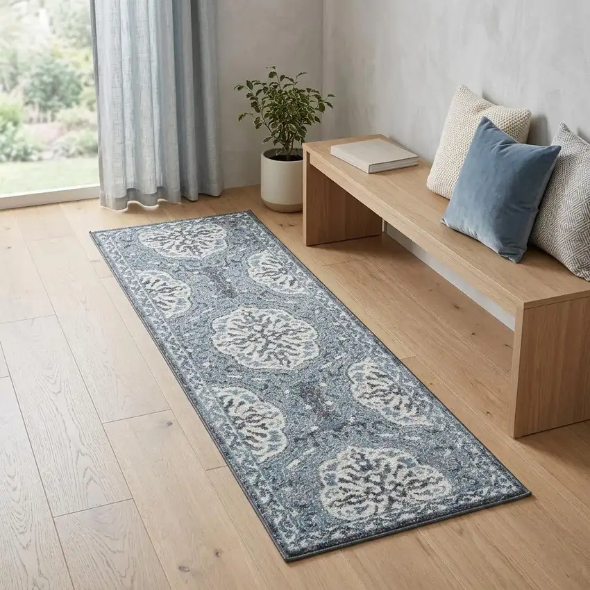 6' Charcoal and Ivory Medallion Power Loom Runner Rug Photo 1