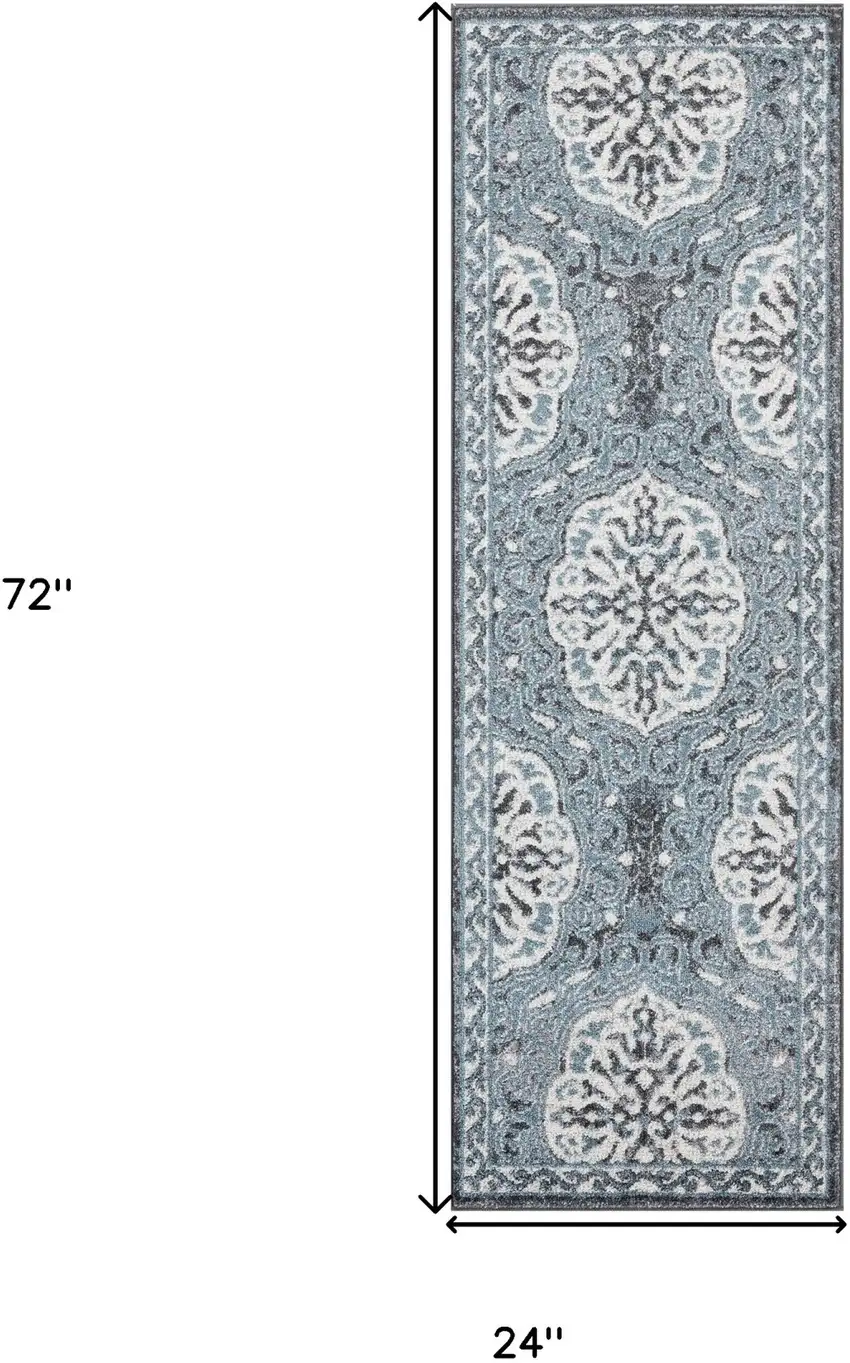 Gray and Blue Medallion Power Loom Runner Rug Photo 5