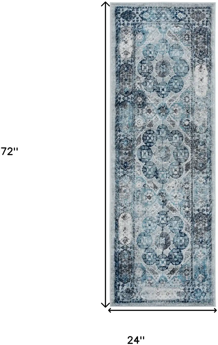 Gray and Blue Medallion Power Loom Runner Rug Photo 5