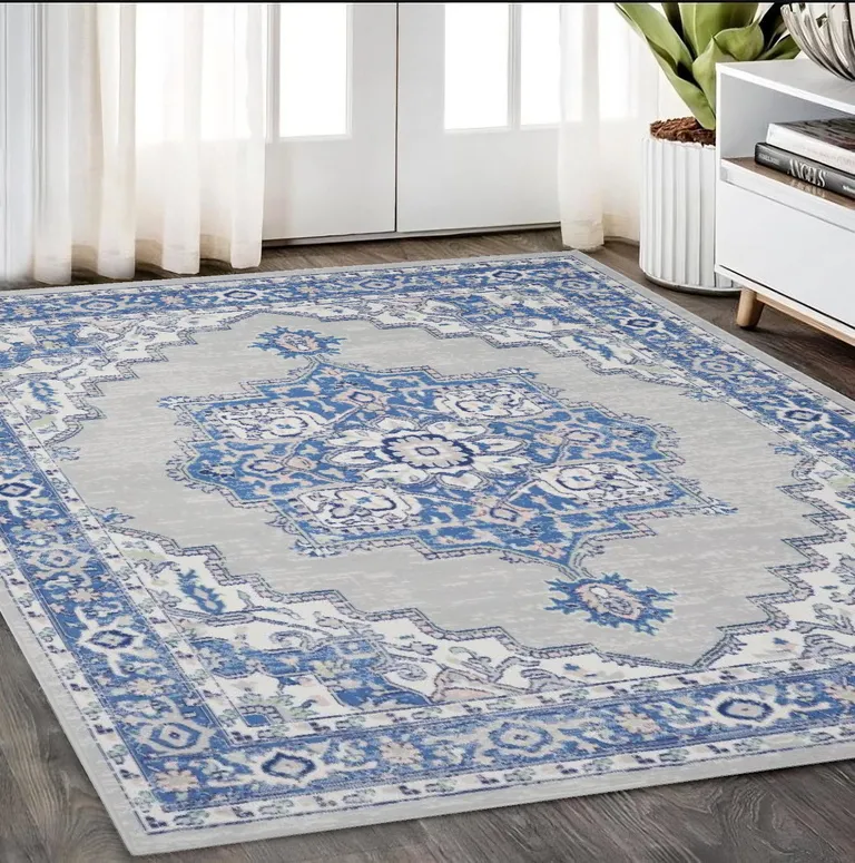 Gray and Blue Persian Medallion Area Rug Photo 1