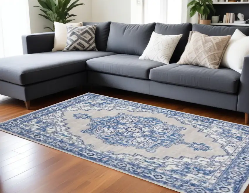Blue And Gray Floral Area Rug Photo 2