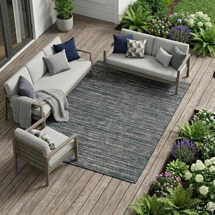 Gray and Blue Striped Stain Resistant Indoor Outdoor Area Rug Photo 1