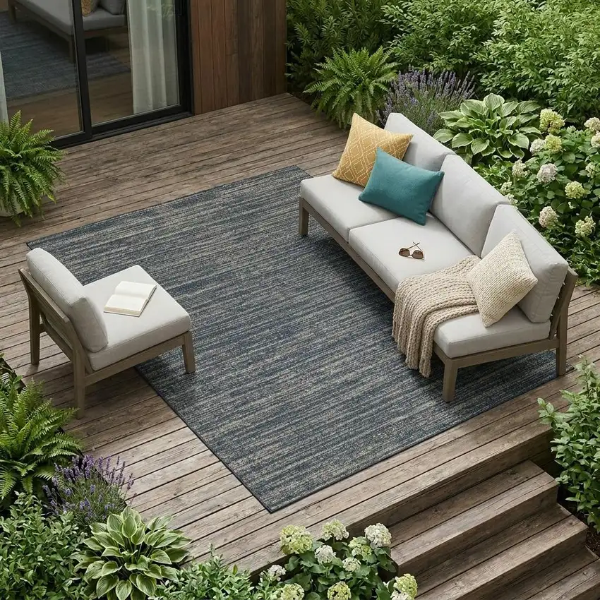 Gray and Blue Striped Stain Resistant Indoor Outdoor Area Rug Photo 1
