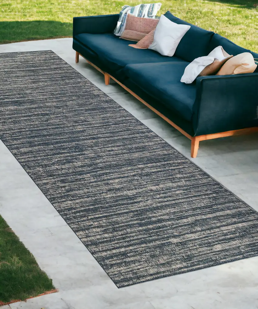 Gray and Blue Striped Stain Resistant Indoor Outdoor Runner Rug Photo 1