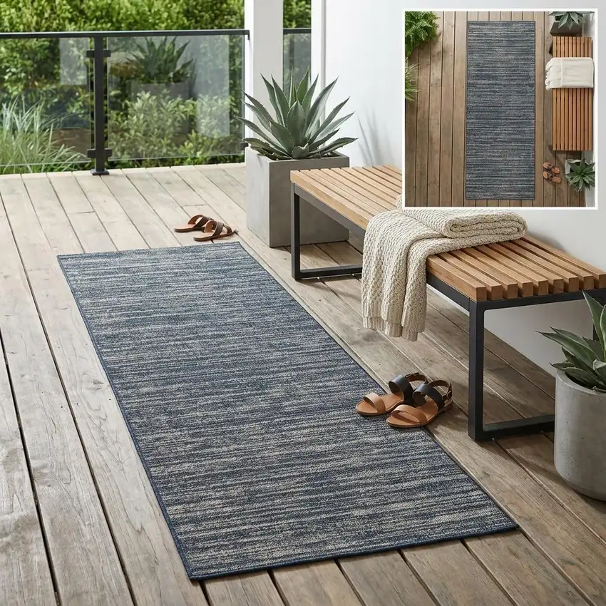 Gray and Blue Striped Stain Resistant Indoor Outdoor Runner Rug Photo 1