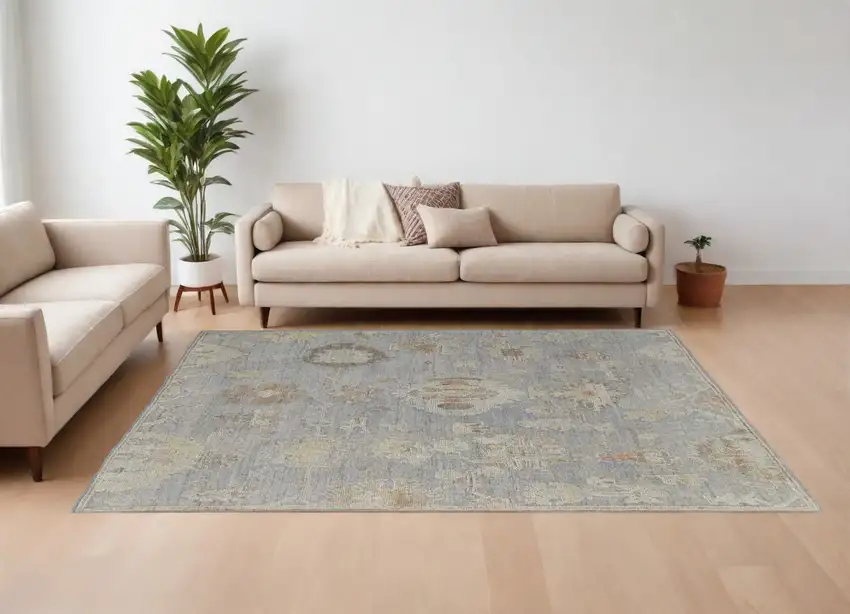 Gray and Blue Wool Floral Hand Knotted Area Rug Photo 1