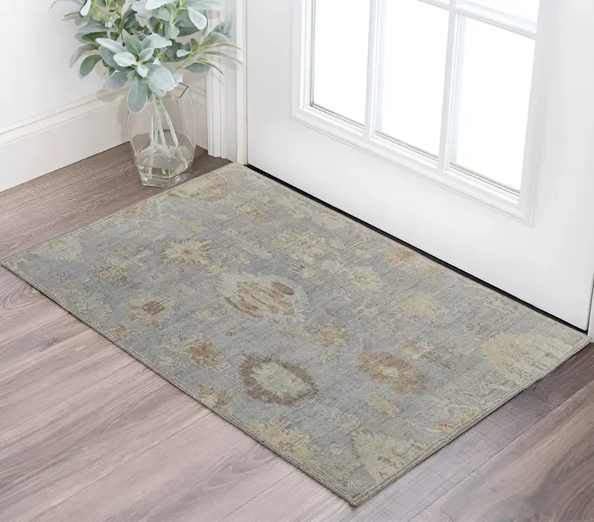 Gray and Blue Wool Floral Hand Knotted Area Rug Photo 1