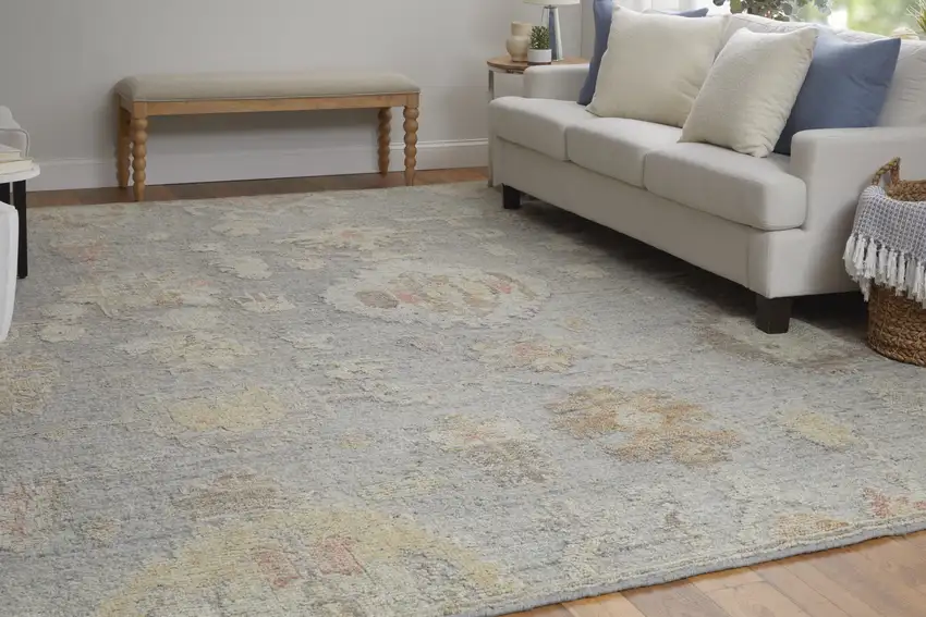 Gray and Blue Wool Floral Hand Knotted Area Rug Photo 8