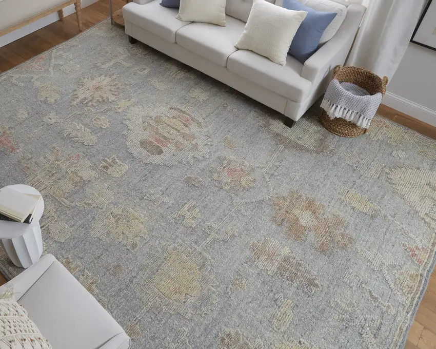 Gray and Blue Wool Floral Hand Knotted Area Rug Photo 9