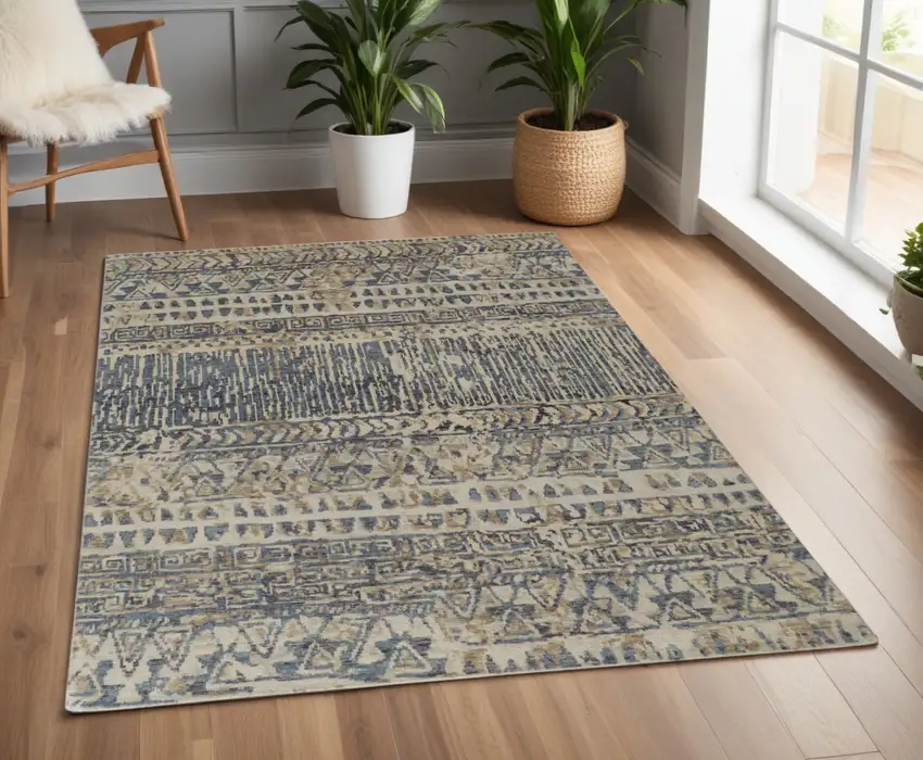 Gray and Blue Wool Geometric Hand Knotted Area Rug Photo 1