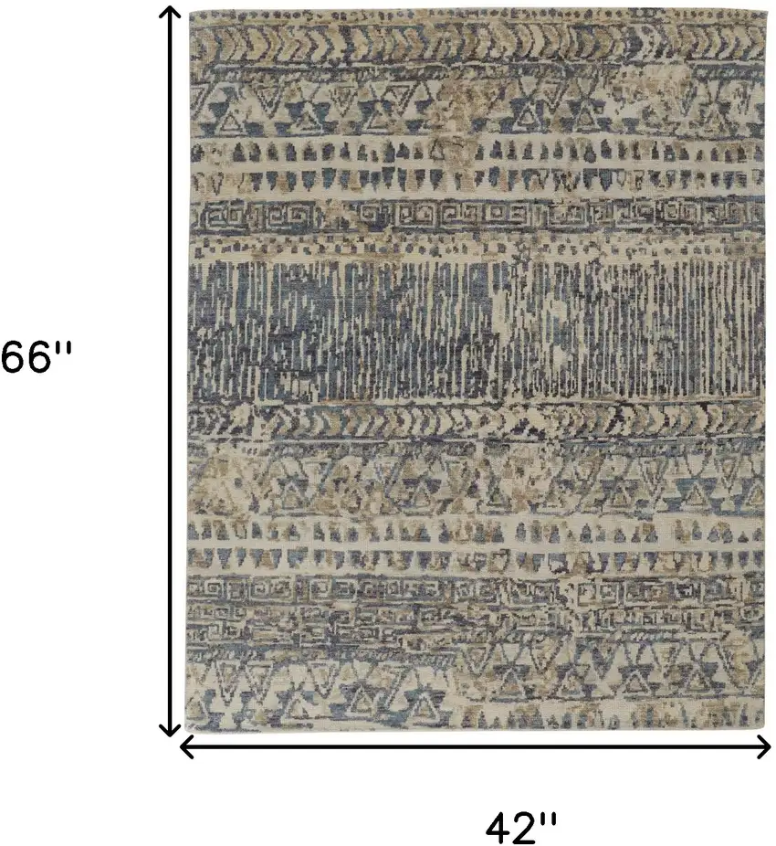 Gray and Blue Wool Geometric Hand Knotted Area Rug Photo 3