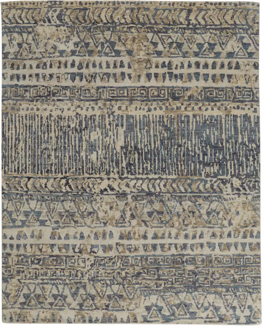 Gray and Blue Wool Geometric Hand Knotted Area Rug Photo 6