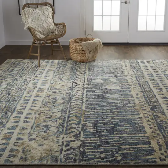 Tan Ivory And Blue Wool Geometric Hand Knotted Area Rug Photo 9