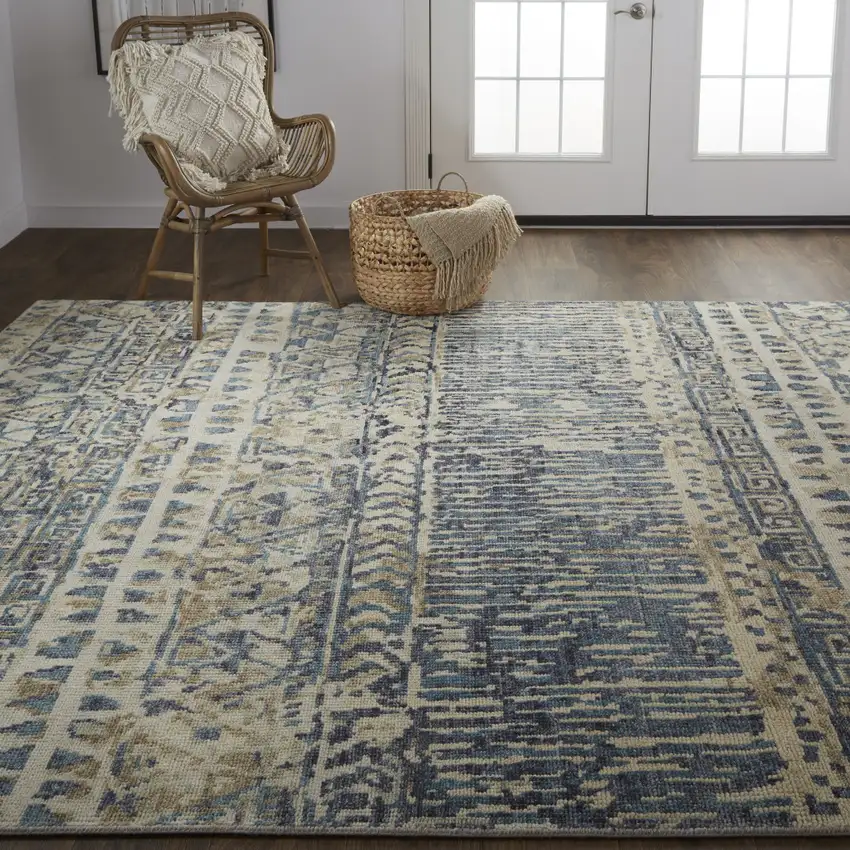 Tan Ivory And Blue Wool Geometric Hand Knotted Area Rug Photo 9