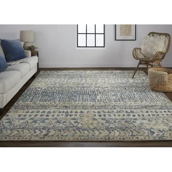 Tan Ivory And Blue Wool Geometric Hand Knotted Area Rug Photo 9