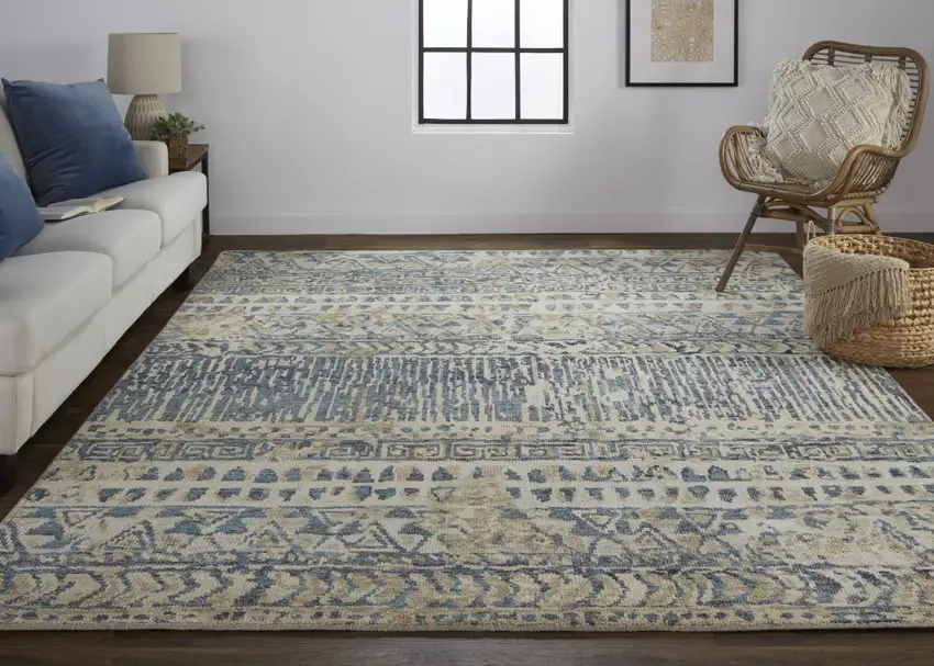 Tan Ivory And Blue Wool Geometric Hand Knotted Area Rug Photo 9
